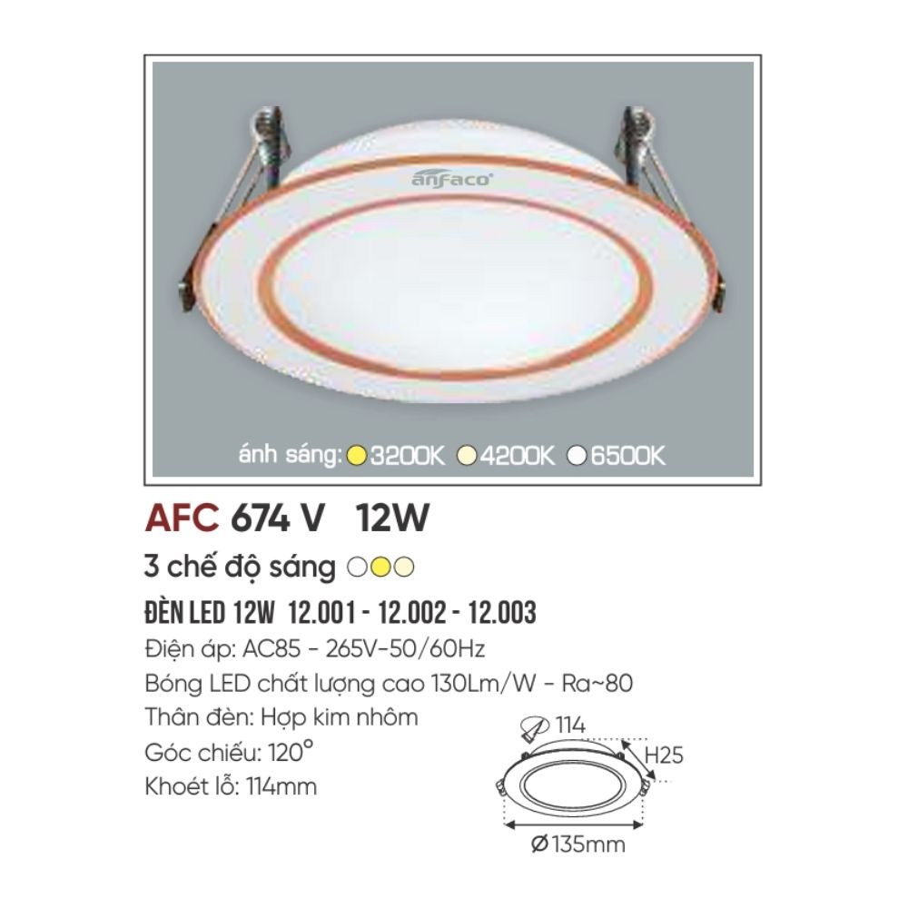 Đèn LED downlight âm trần Anfaco 674 V LED 12W