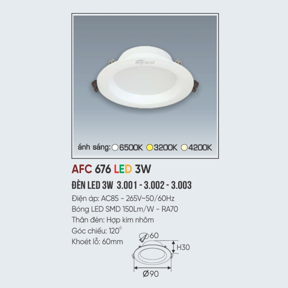 Đèn LED downlight âm trần Anfaco 676 LED 3W