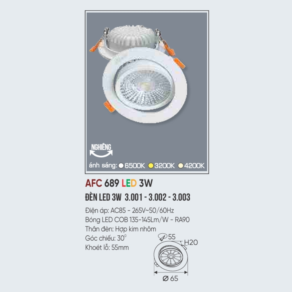 Đèn LED downlight âm trần Anfaco 689 LED 3W