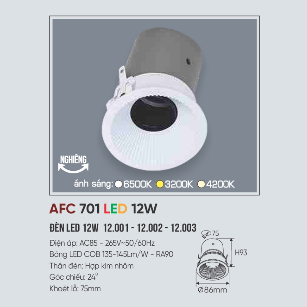 Đèn LED downlight âm trần Anfaco 701 LED 12W