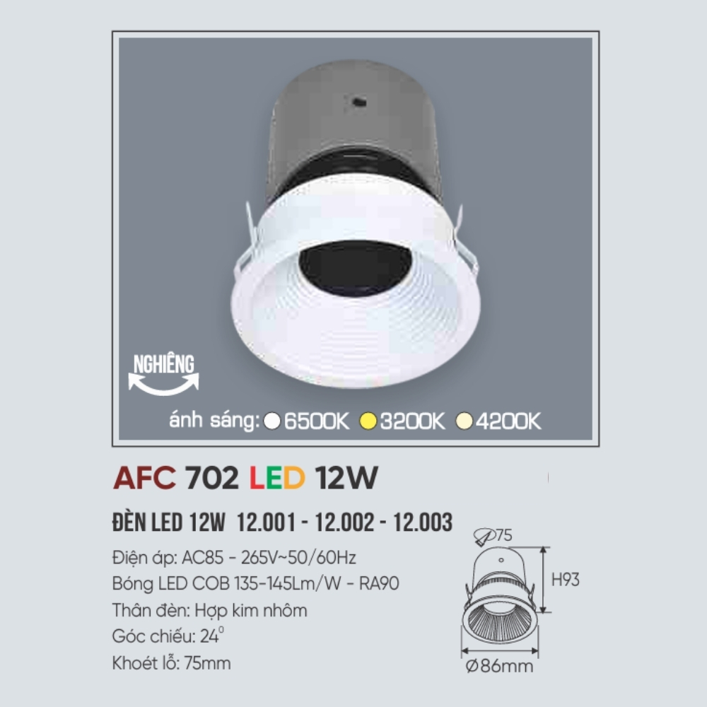 Đèn LED downlight âm trần Anfaco 702 LED 12W