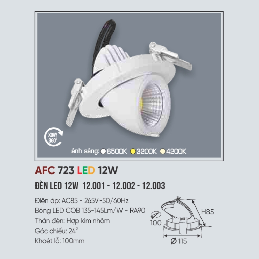 Đèn LED downlight âm trần Anfaco 723 LED 12W