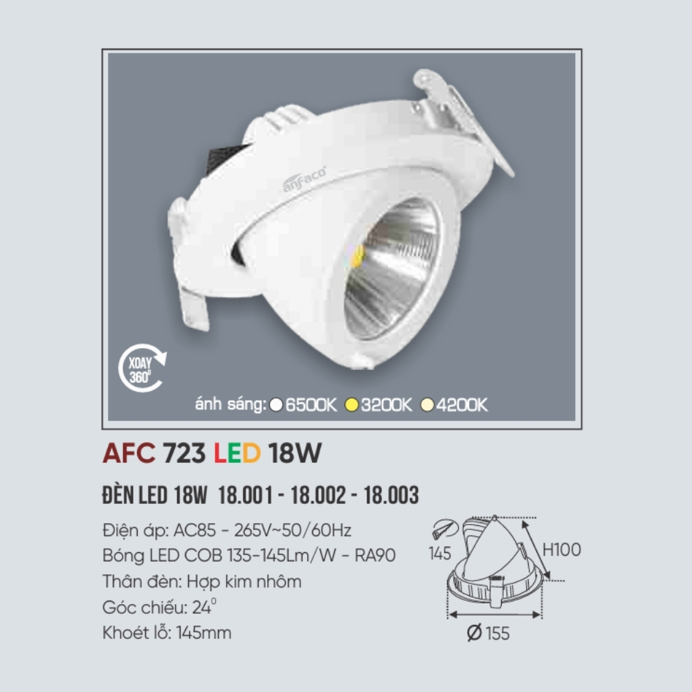 Đèn LED downlight âm trần Anfaco 723 LED 18W