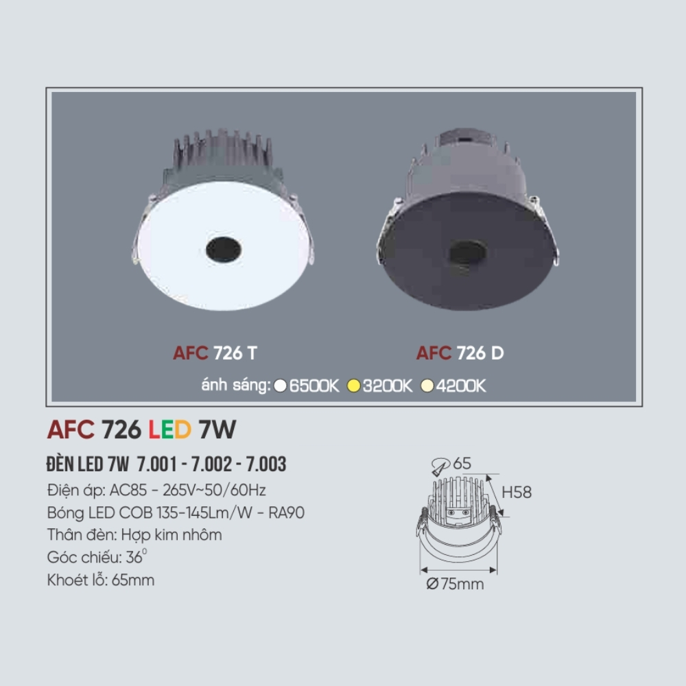 Đèn LED downlight âm trần Anfaco 726 D LED 7W
