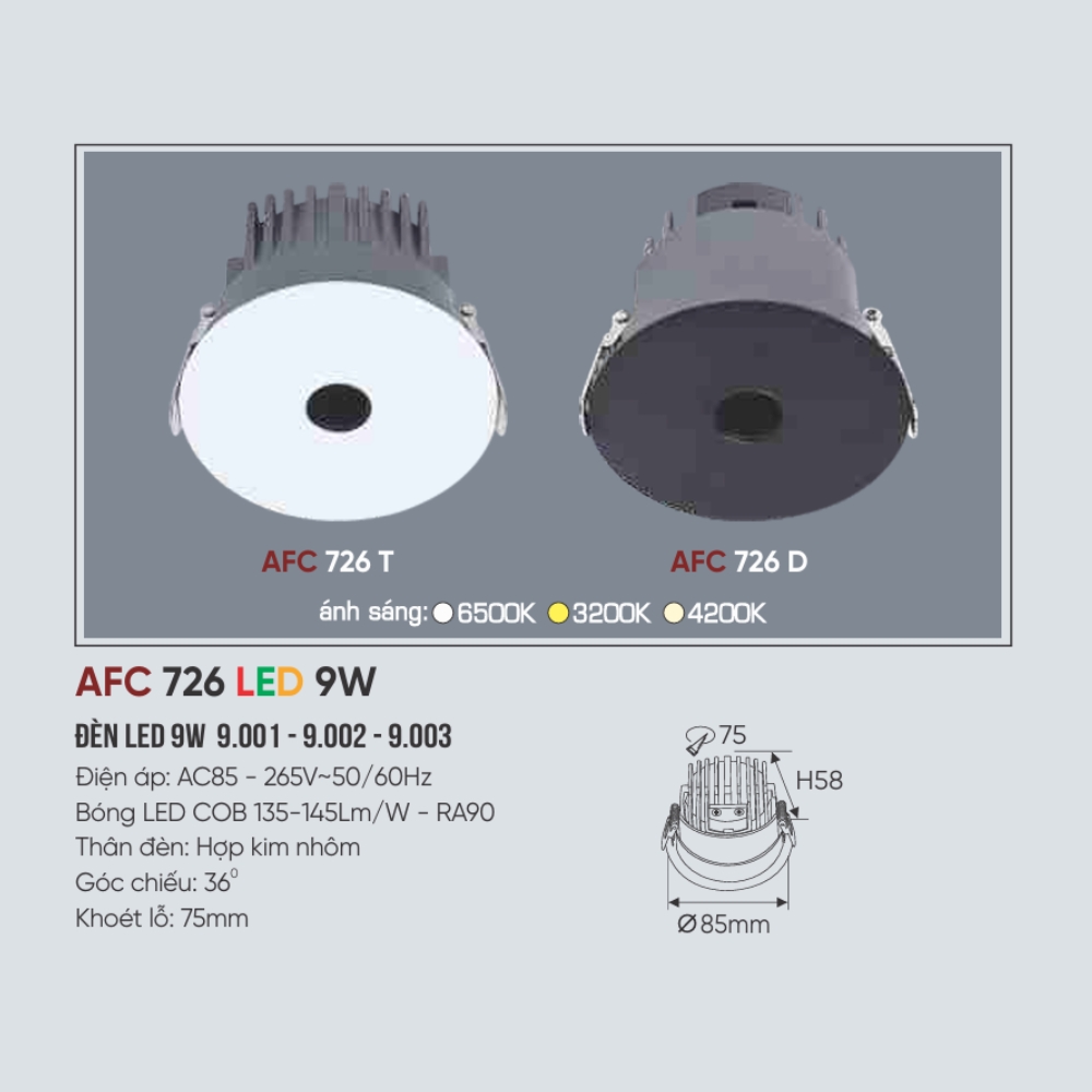 Đèn LED downlight âm trần Anfaco 726 D LED 9W