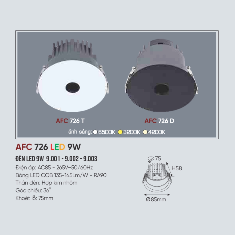 Đèn LED downlight âm trần Anfaco 726 T LED 9W