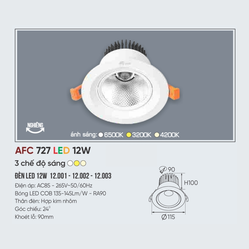 Đèn LED downlight âm trần Anfaco 727 LED 12W