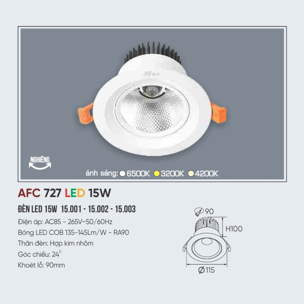 Đèn LED downlight âm trần Anfaco 727 LED 15W