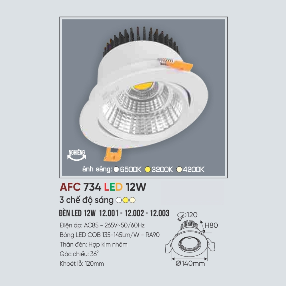 Đèn LED downlight âm trần Anfaco 734 LED 12W