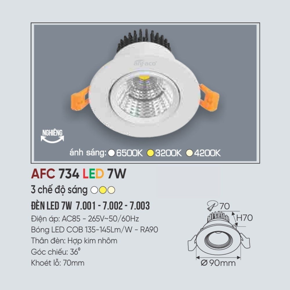 Đèn LED downlight âm trần Anfaco 734 LED 7W
