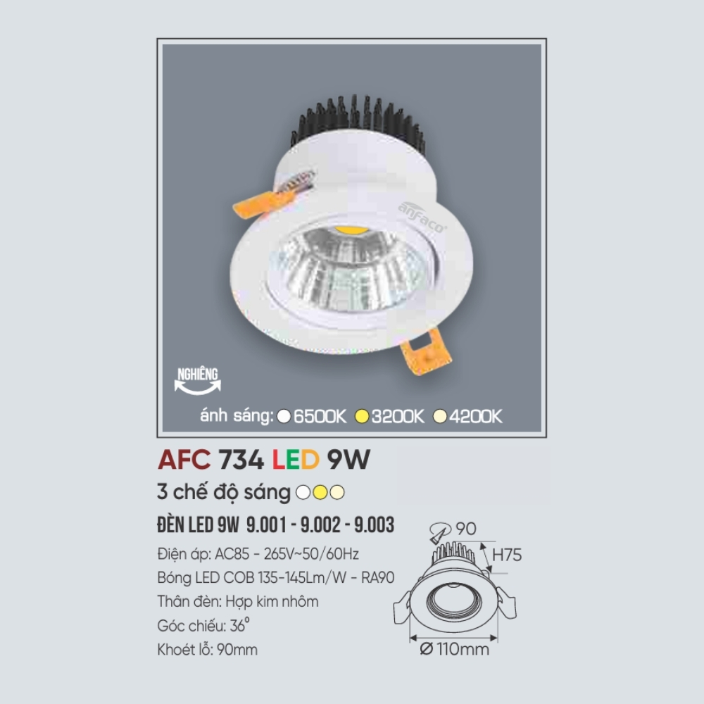 Đèn LED downlight âm trần Anfaco 734 LED 9W