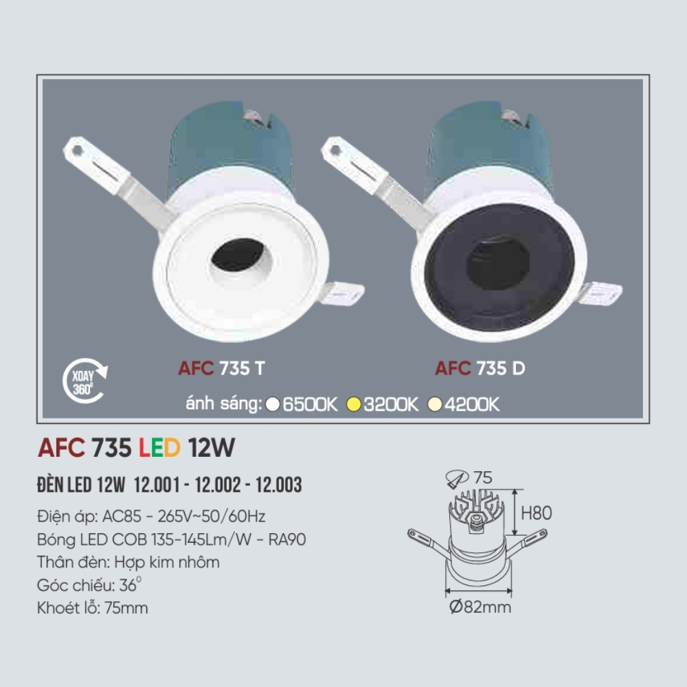 Đèn LED downlight âm trần Anfaco 735 D LED 12W