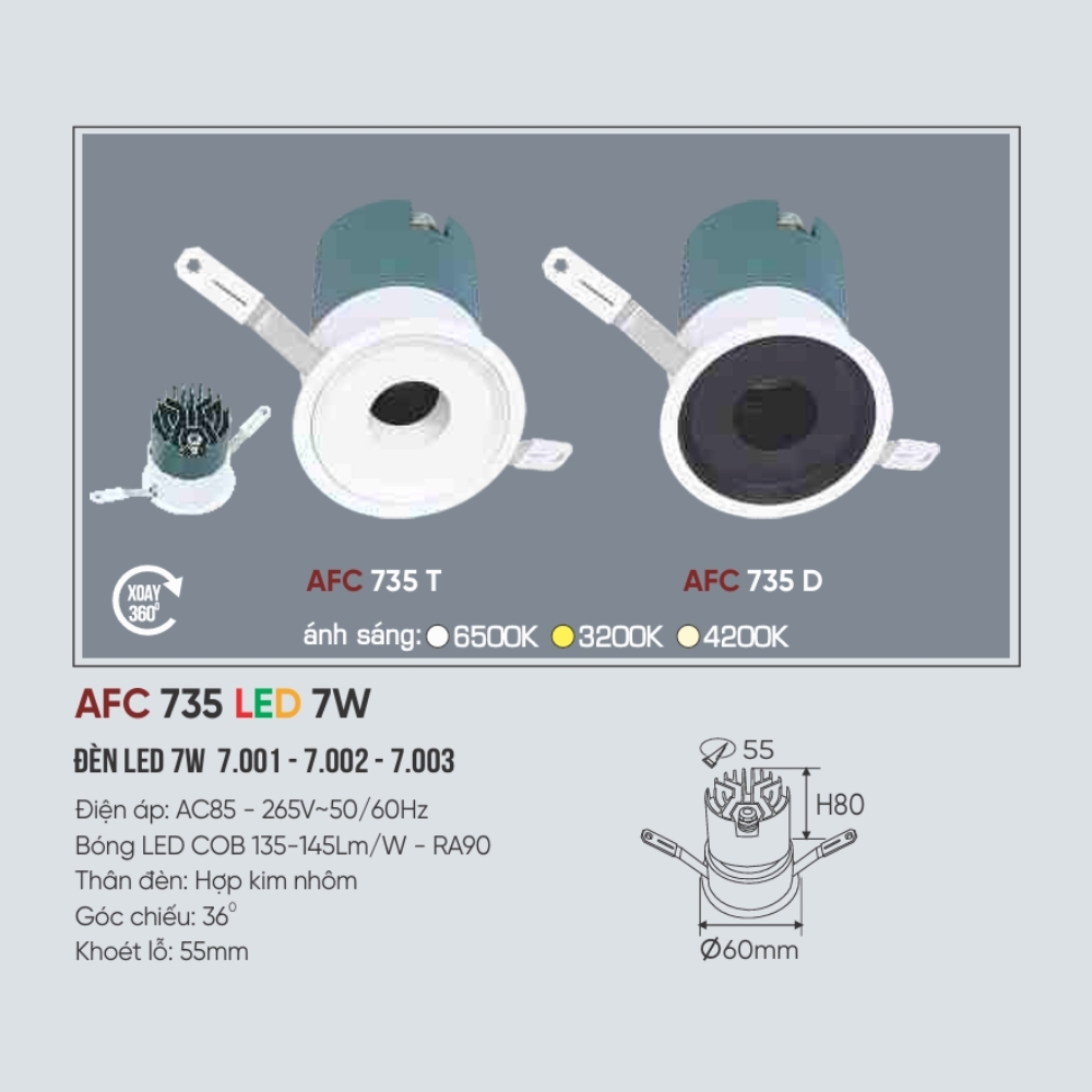 Đèn LED downlight âm trần Anfaco 735 D LED 7W