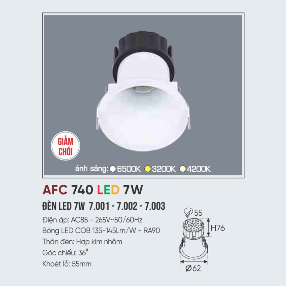 Đèn LED downlight âm trần Anfaco 740 LED 7W