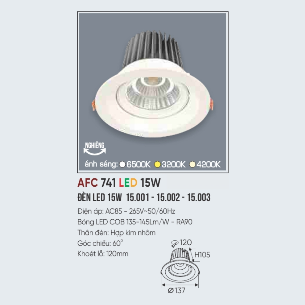 Đèn LED downlight âm trần Anfaco 741 LED 15W