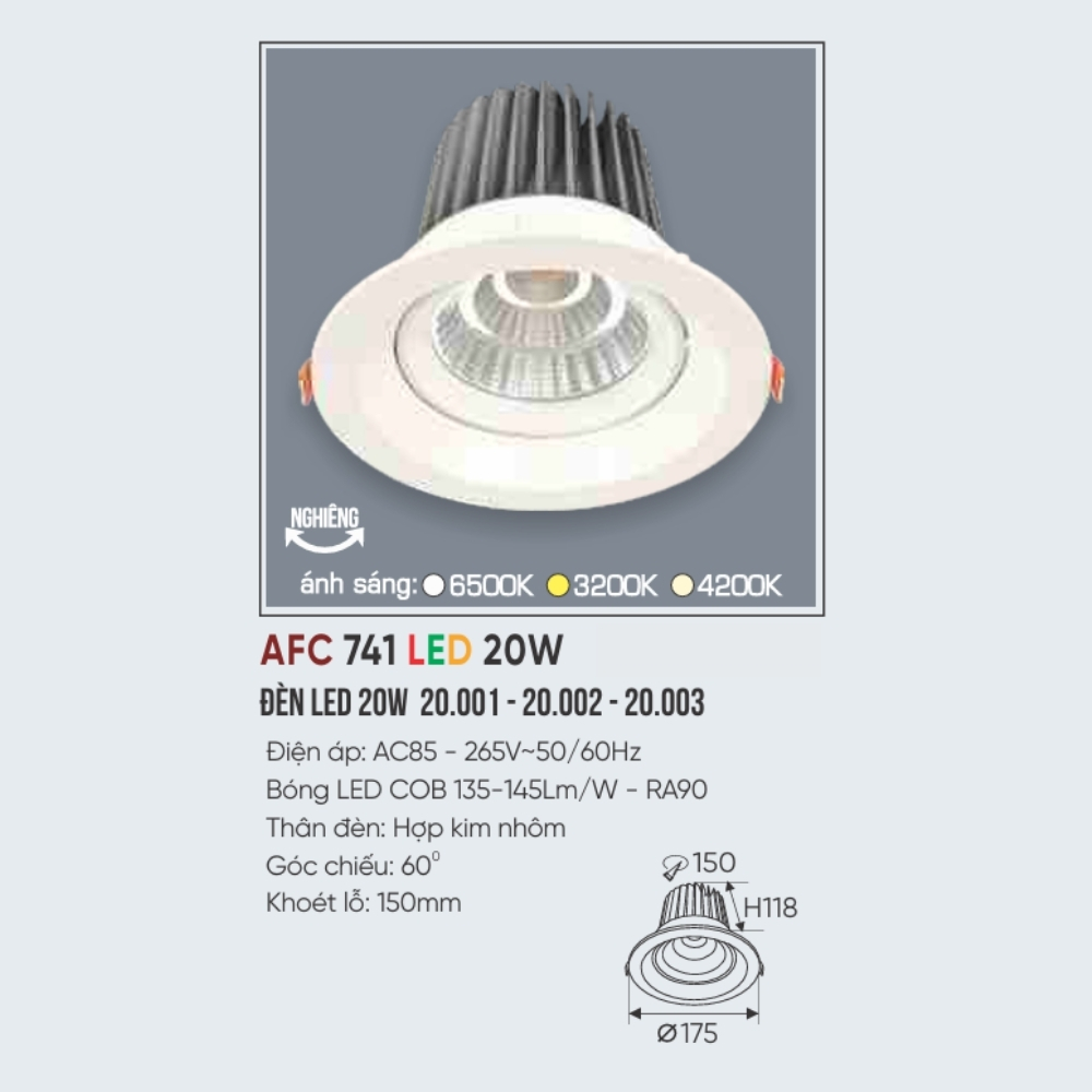 Đèn LED downlight âm trần Anfaco 741 LED 20W
