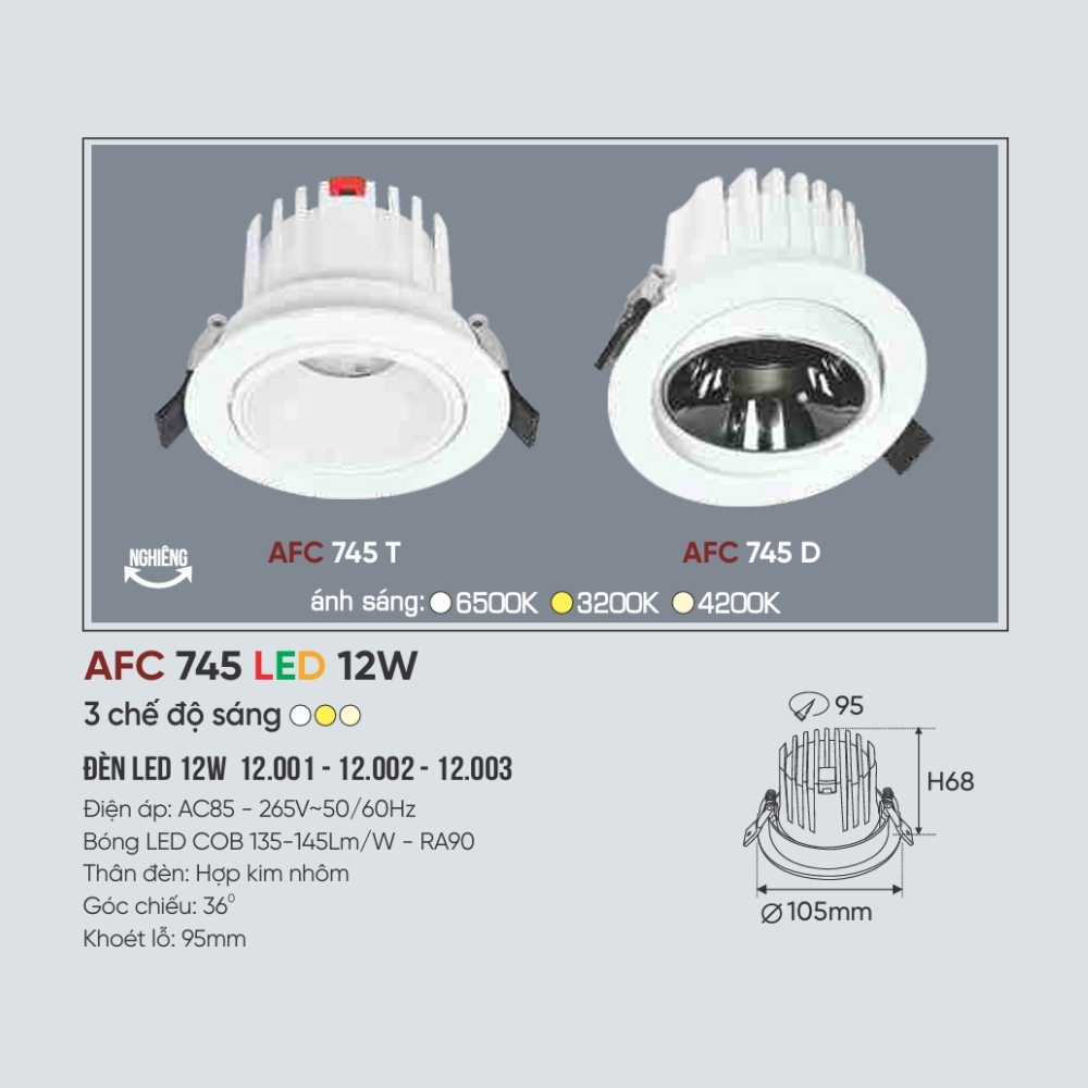 Đèn LED downlight âm trần Anfaco 745 D LED 12W