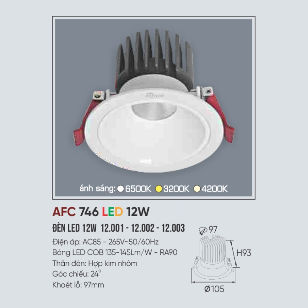 Đèn LED downlight âm trần Anfaco 746 LED 12W