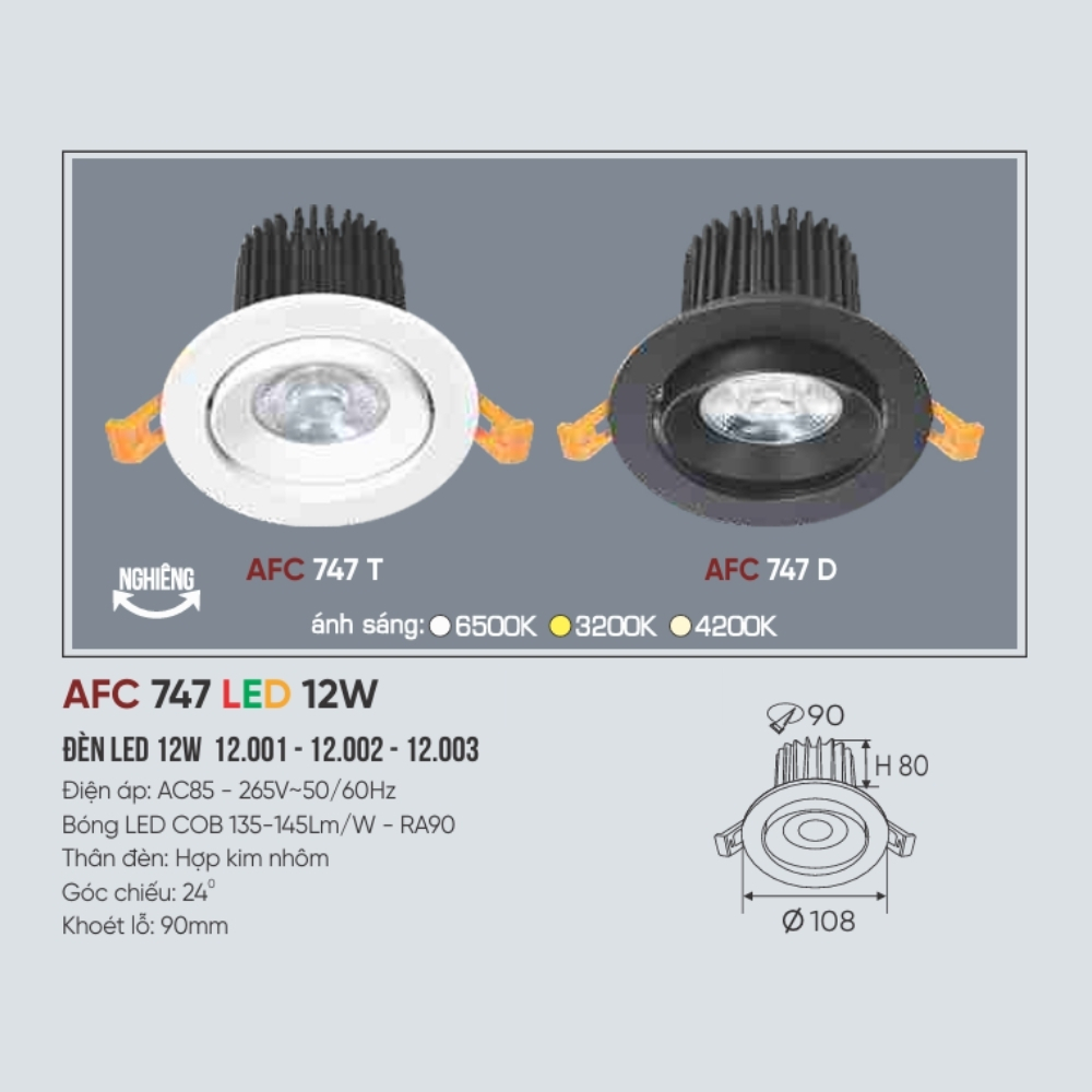 Đèn LED downlight âm trần Anfaco 747 D LED 12W