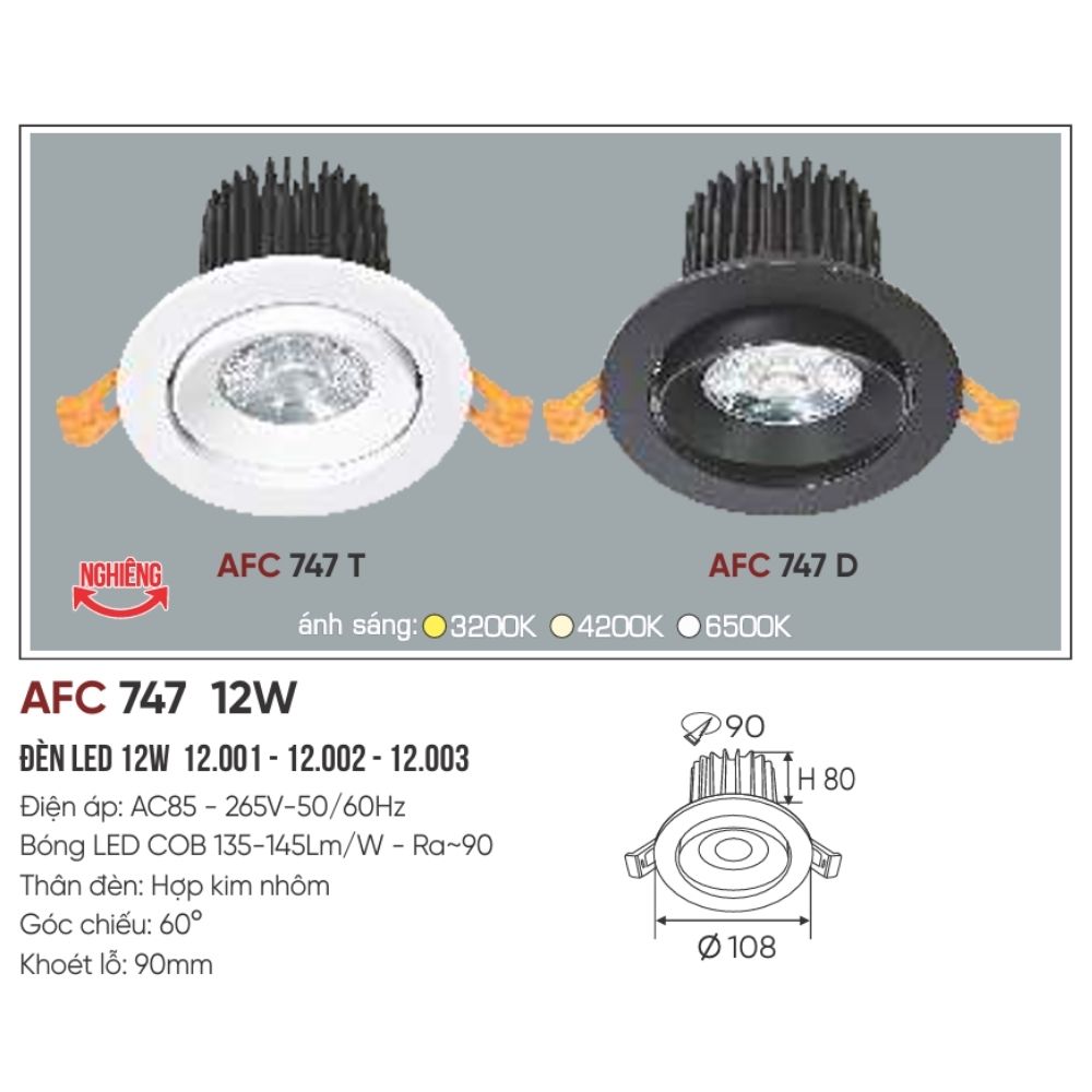 Đèn LED downlight âm trần Anfaco 747 D LED 12W