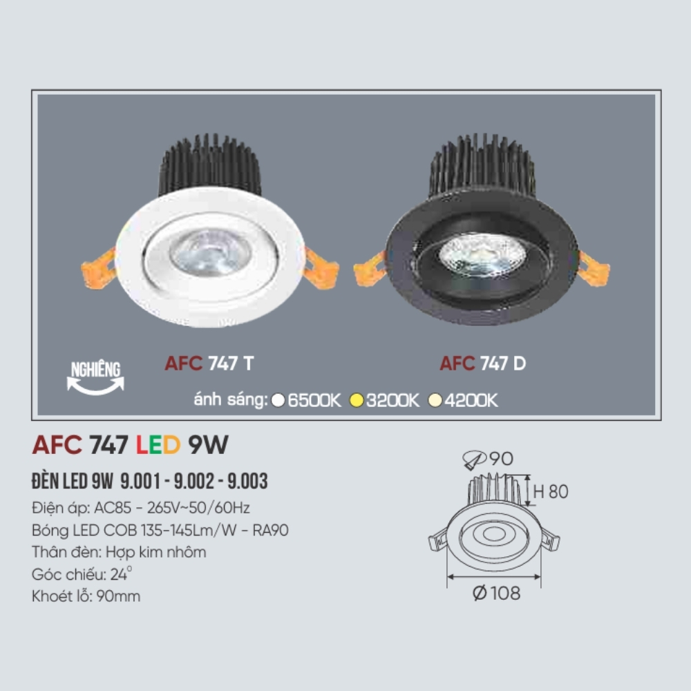Đèn LED downlight âm trần Anfaco 747 D LED 9W