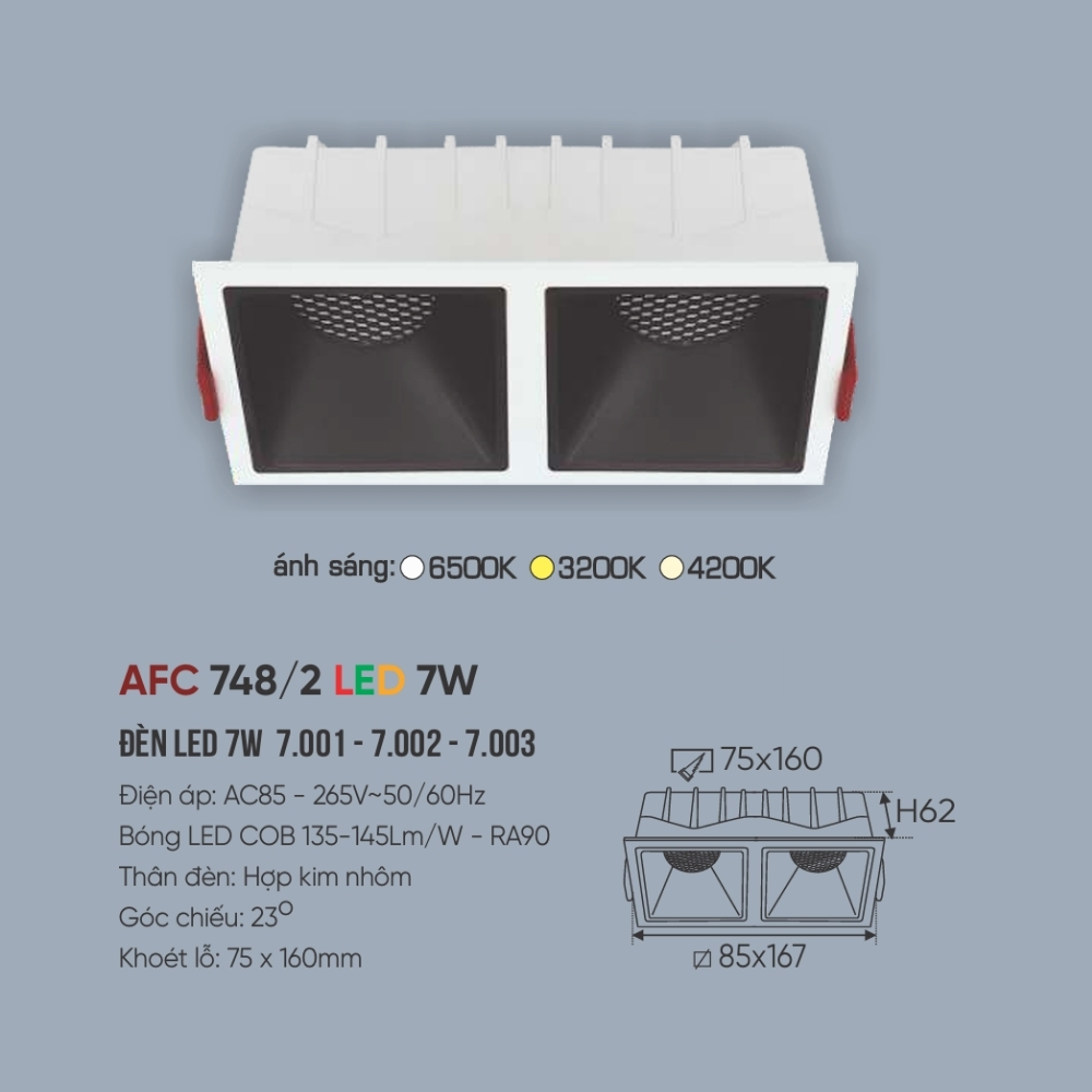 Đèn LED downlight âm trần đôi Anfaco 748/2 LED 7W