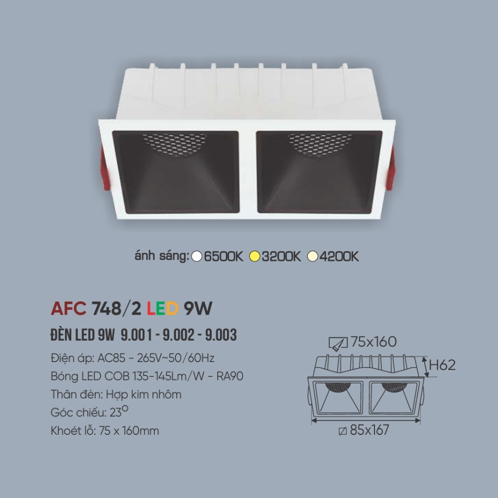 Đèn LED downlight âm trần đôi Anfaco 748/2 LED 9W