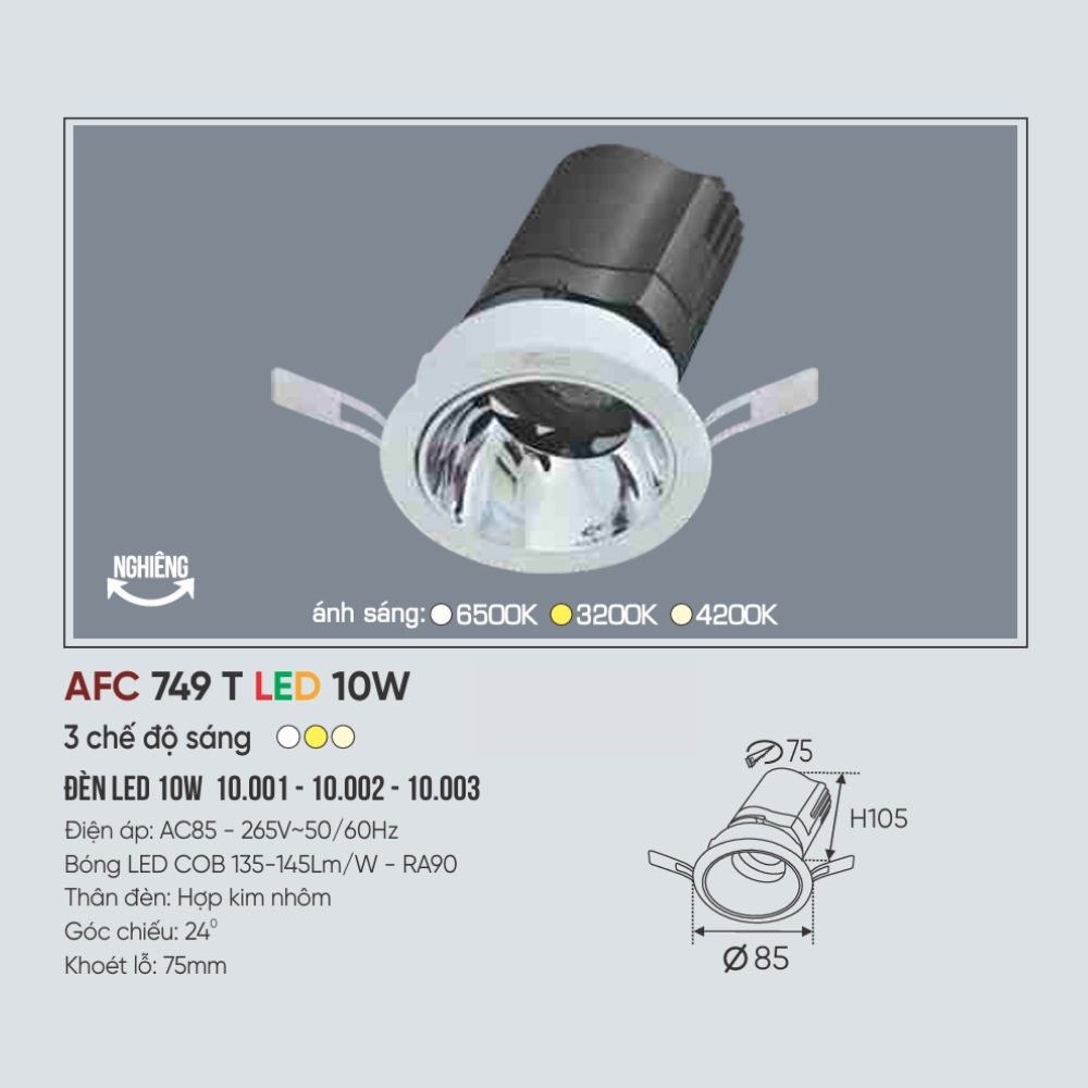 Đèn LED downlight âm trần Anfaco 749 T LED 10W