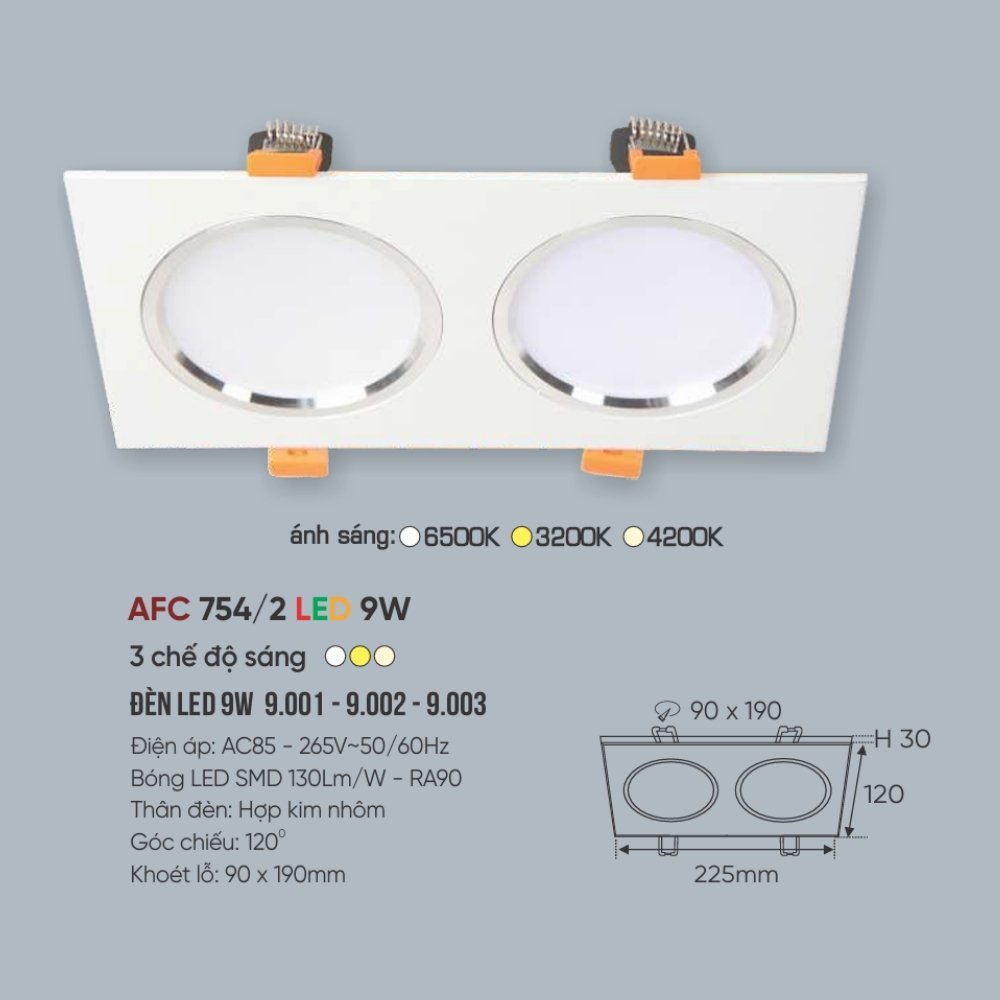 Đèn LED downlight âm trần đôi Anfaco 754/2 LED 9W