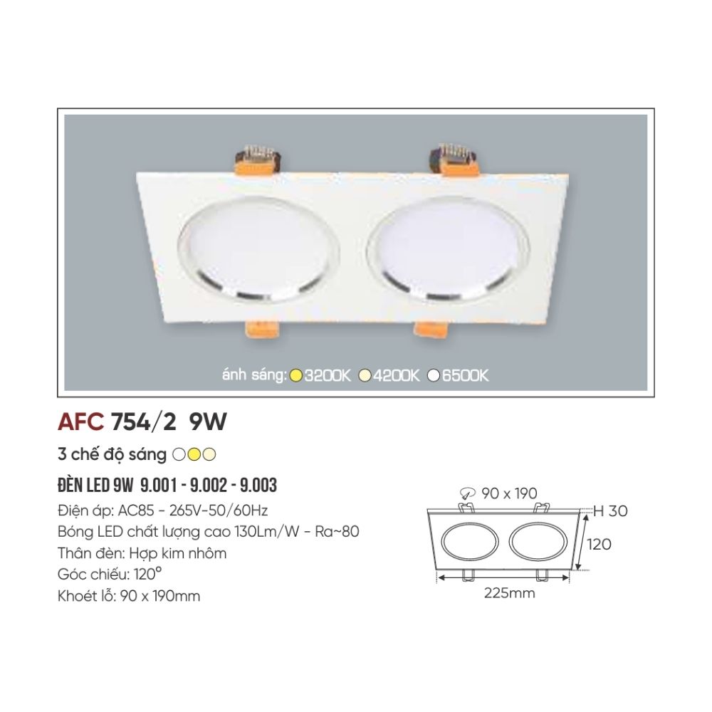 Đèn LED downlight âm trần đôi Anfaco 754/2 LED 9W