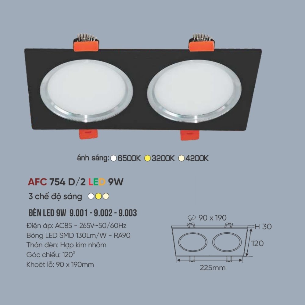 Đèn LED downlight âm trần đôi Anfaco 754 D/2 LED 9W