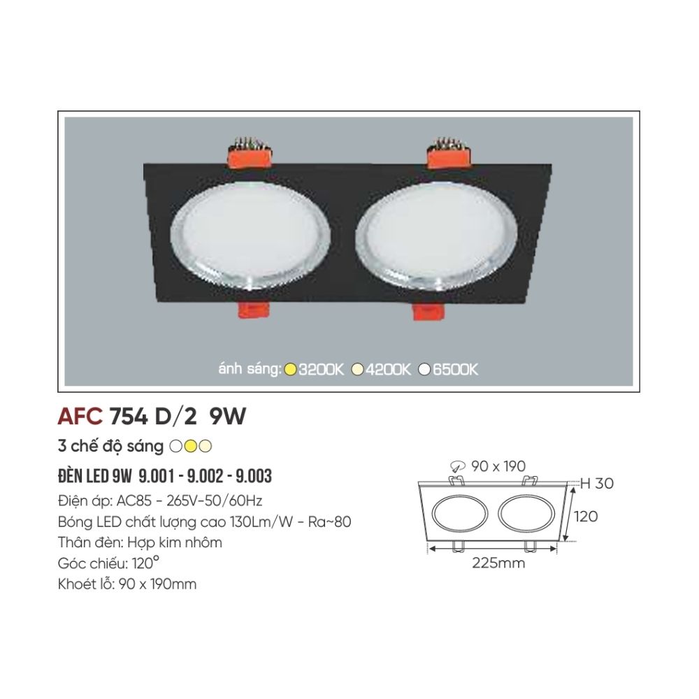 Đèn LED downlight âm trần đôi Anfaco 754 D/2 LED 9W