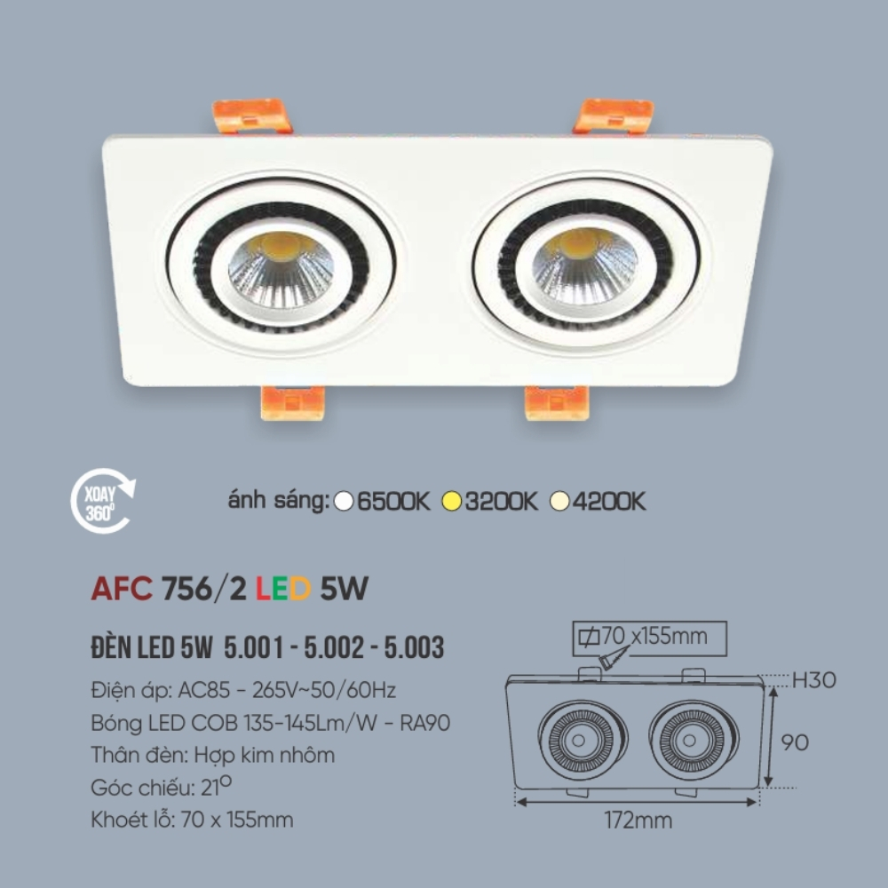 Đèn LED downlight âm trần đôi Anfaco 756/2 LED 5W