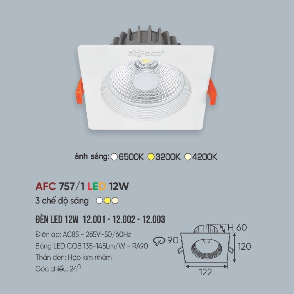 Đèn LED downlight âm trần Anfaco 757/1 LED 12W