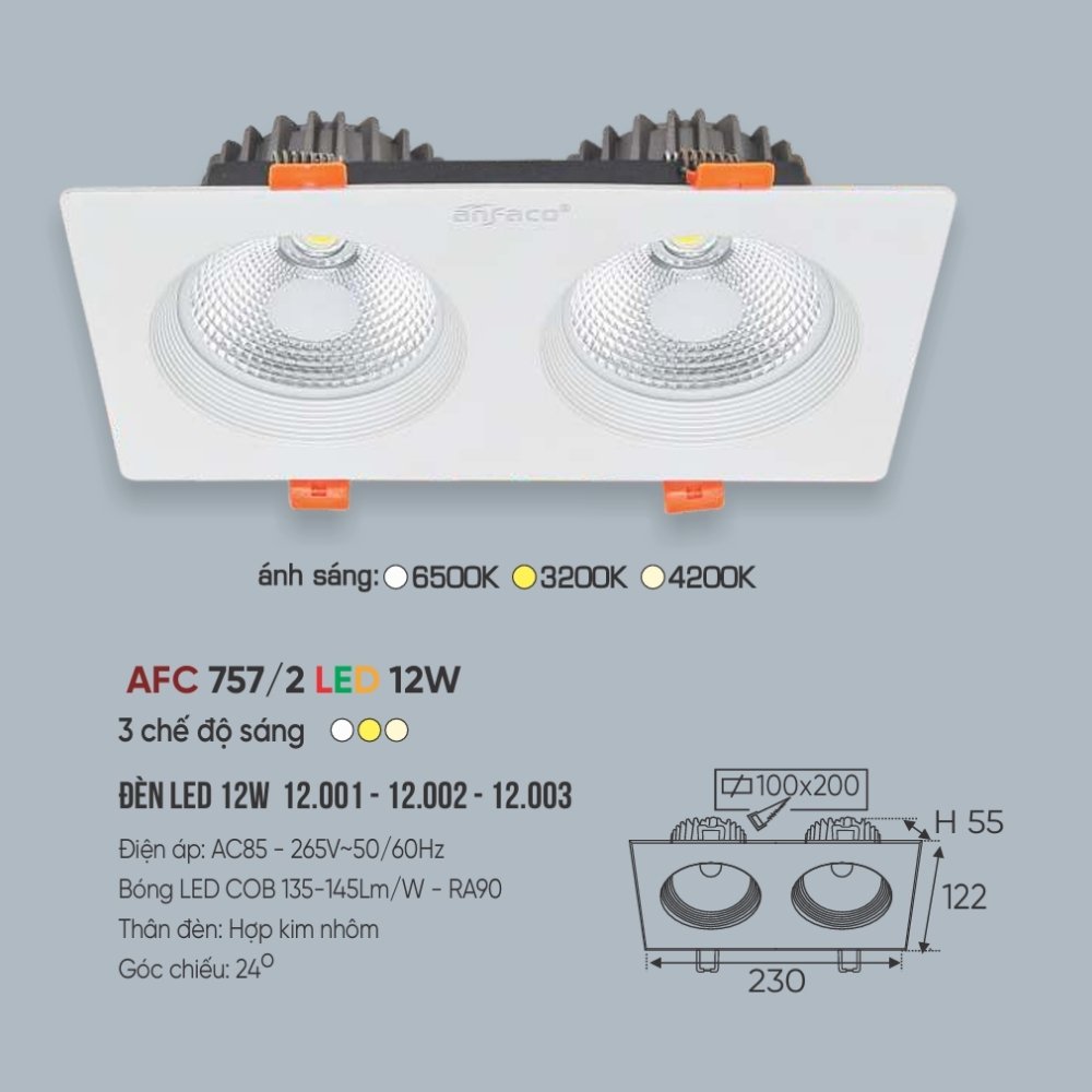 Đèn LED downlight âm trần đôi Anfaco 757/2 LED 12W