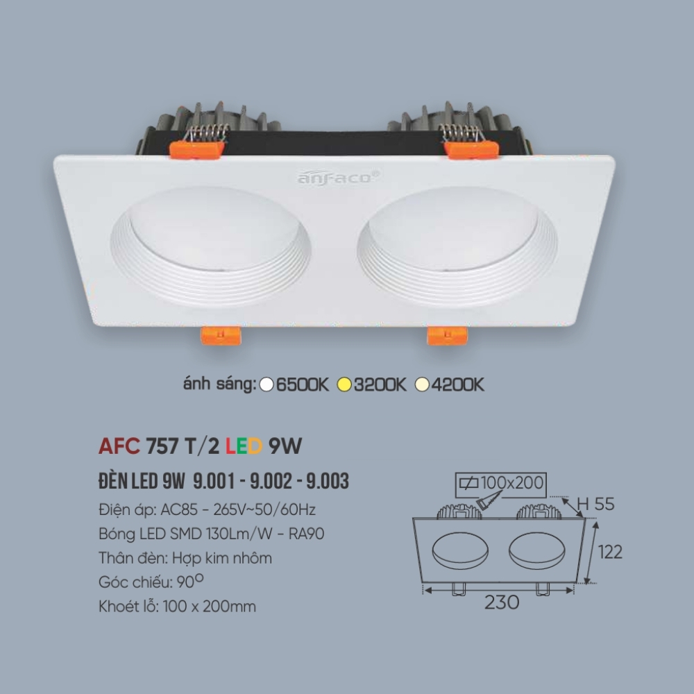 Đèn LED downlight âm trần đôi Anfaco 757 T/2 LED 9W
