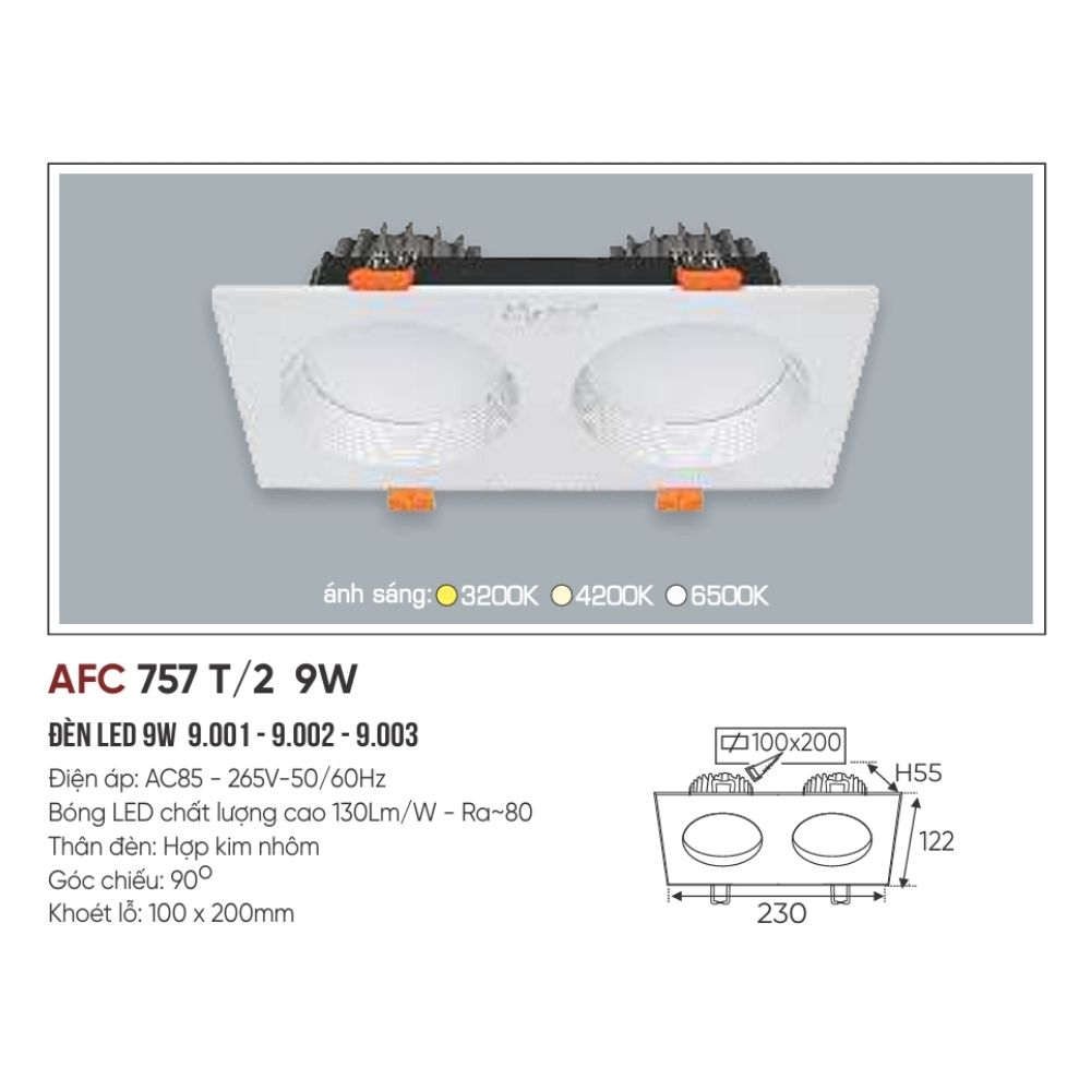 Đèn LED downlight âm trần đôi Anfaco 757 T/2 LED 9W