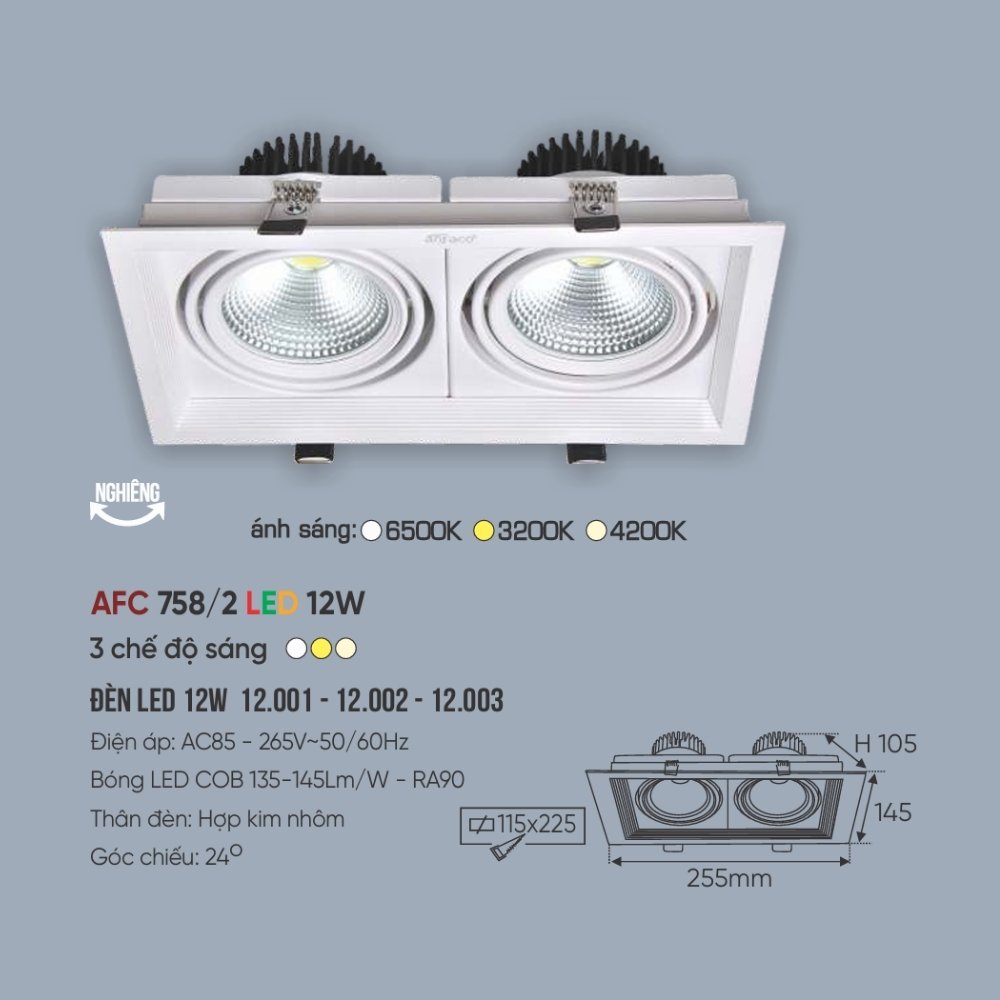 Đèn LED downlight âm trần đôi Anfaco 758/2 LED 12W