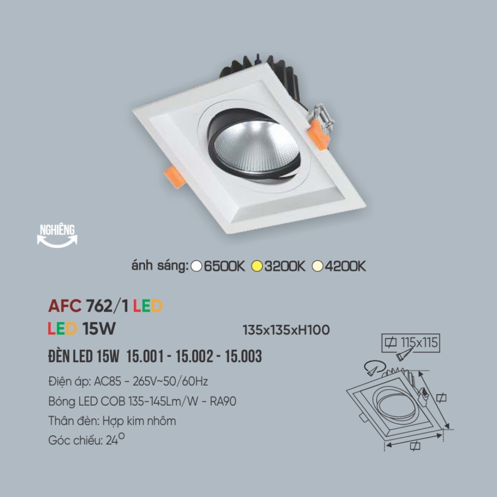 Đèn LED downlight âm trần Anfaco 762/1 LED 15W