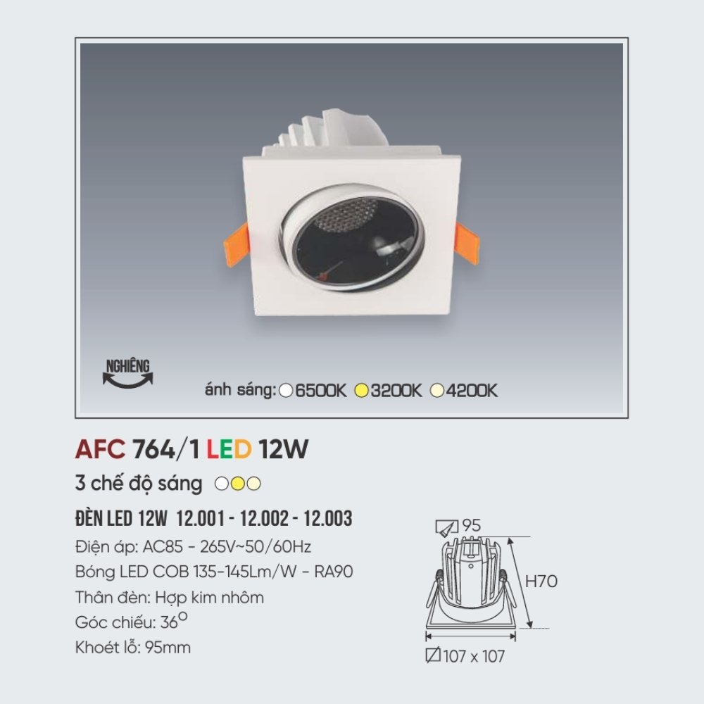 Đèn LED downlight âm trần Anfaco 764/1 LED 12W