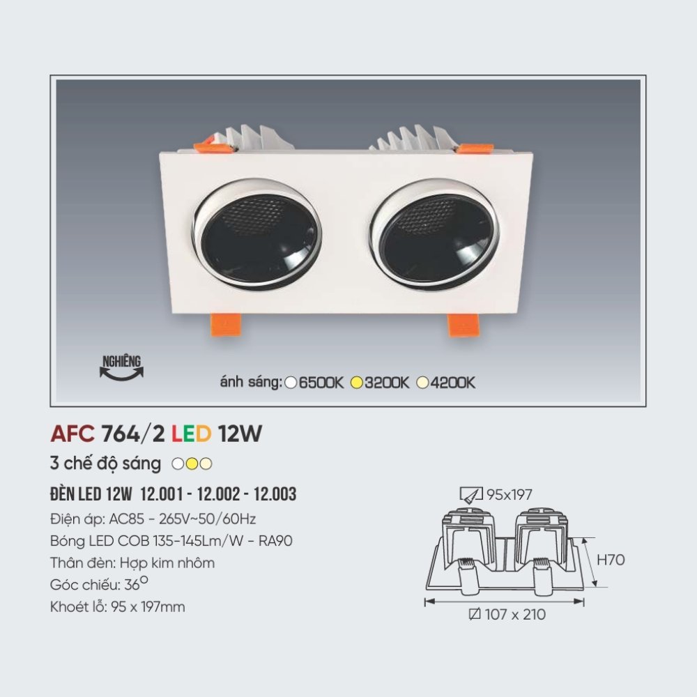 Đèn LED downlight âm trần đôi Anfaco 764/2 LED 12W