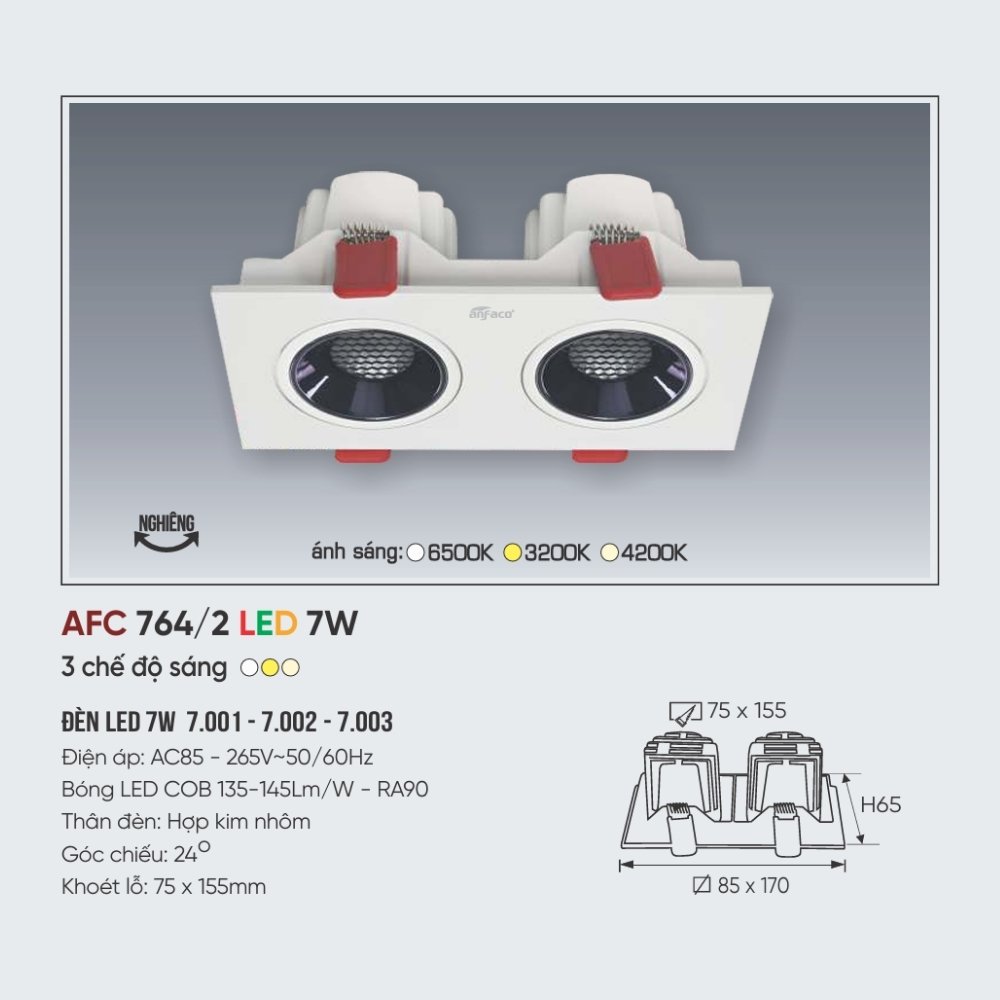 Đèn LED downlight âm trần đôi Anfaco 764/2 LED 7W