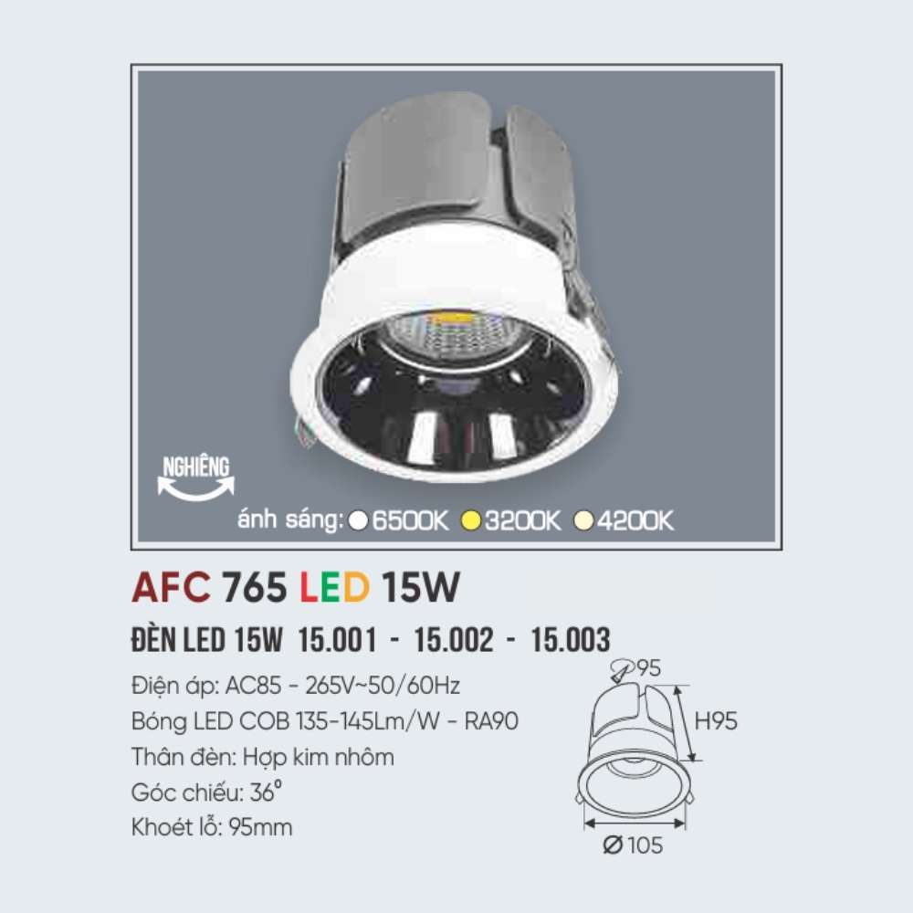 Đèn LED downlight âm trần Anfaco 765 LED 15W