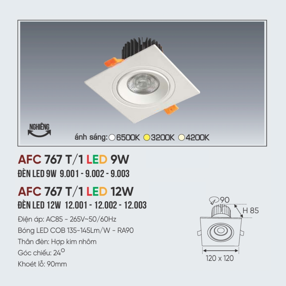 Đèn LED downlight âm trần Anfaco 767 T/1 LED 12W