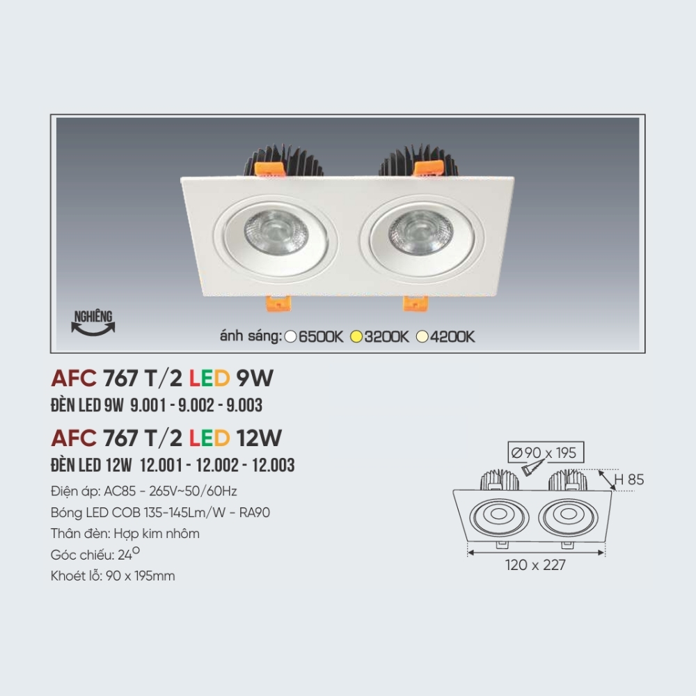 Đèn LED downlight âm trần đôi Anfaco 767 T/2 LED 12W