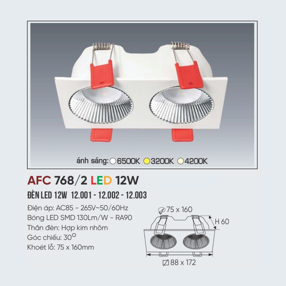 Đèn LED downlight âm trần đôi Anfaco 768/2 LED 12W