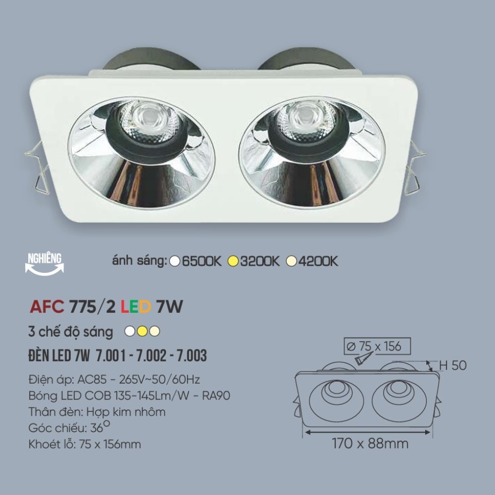 Đèn LED downlight âm trần đôi Anfaco 775/2 LED 7W