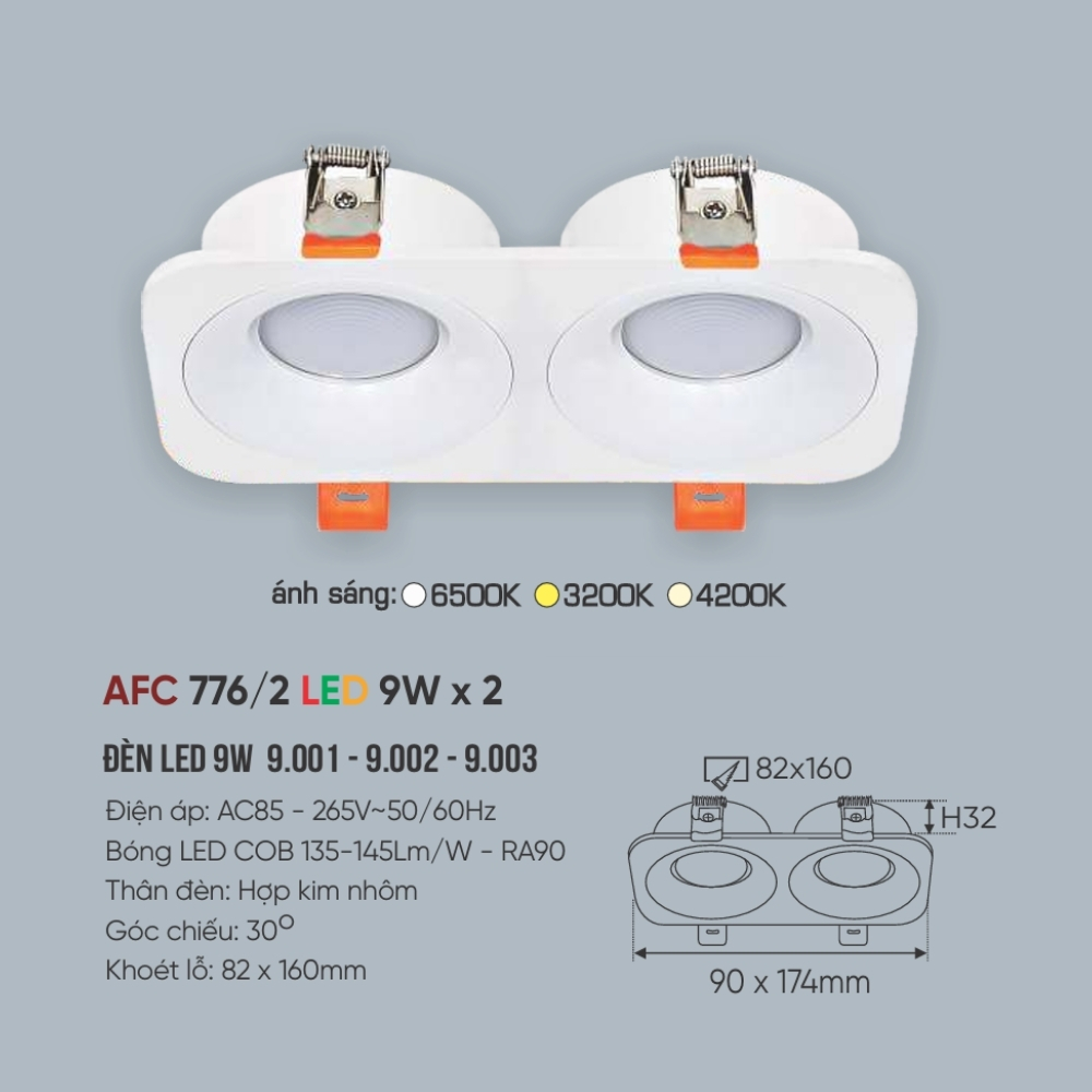 Đèn LED downlight âm trần đôi Anfaco 776/2 LED 9W x 2