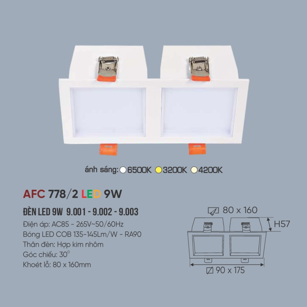 Đèn LED downlight âm trần đôi Anfaco 778/2 LED 9W