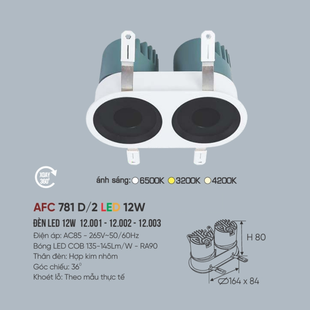 Đèn LED downlight âm trần đôi Anfaco 781 D/2 LED 12W